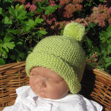 Baby Roll Brim Moss Stitch (Seed Stitch) Bobble Beanie Hat