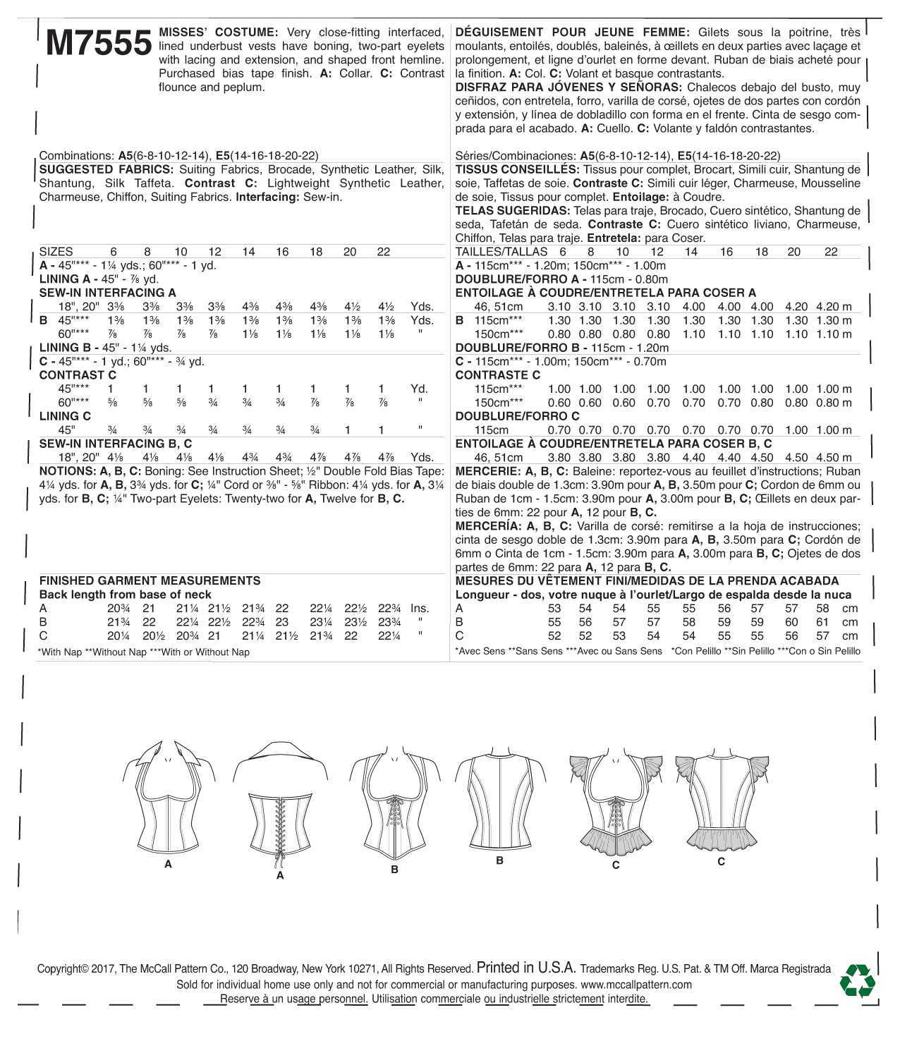 McCall's Underbust, Corset-Style Vests M7555 - Sewing Pattern