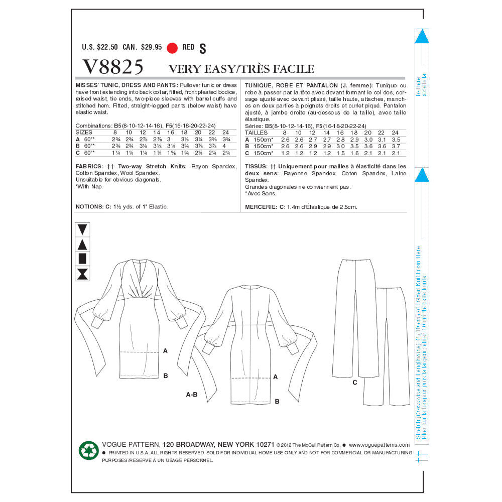 Vogue Misses' Tunic, Dress And Pants V8825 - Sewing Pattern