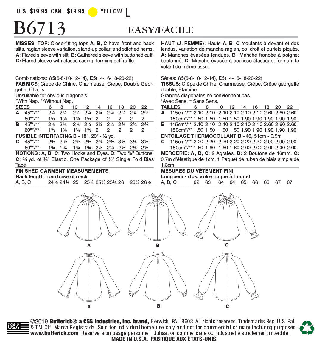 Butterick Misses' Top B6713 - Sewing Pattern