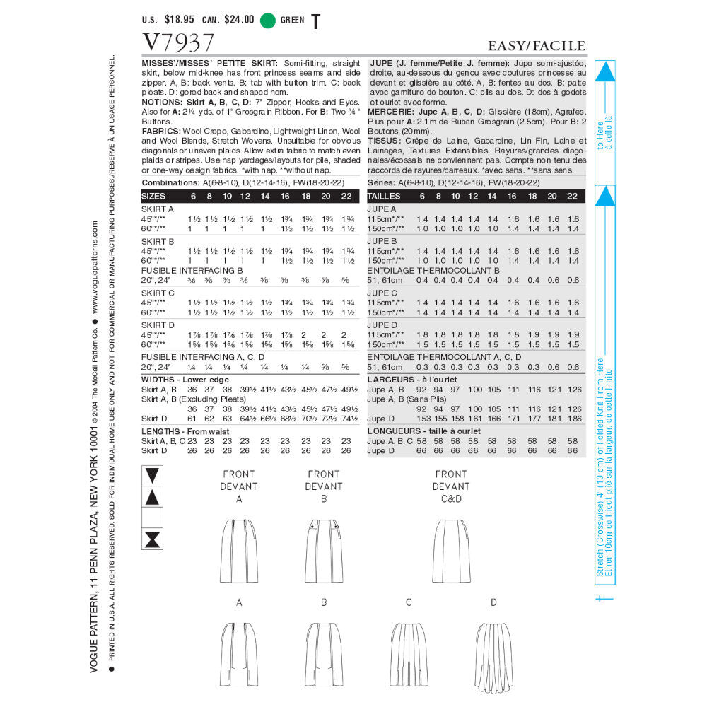 Vogue Misses'/Misses' Petite Skirt V7937 - Sewing Pattern
