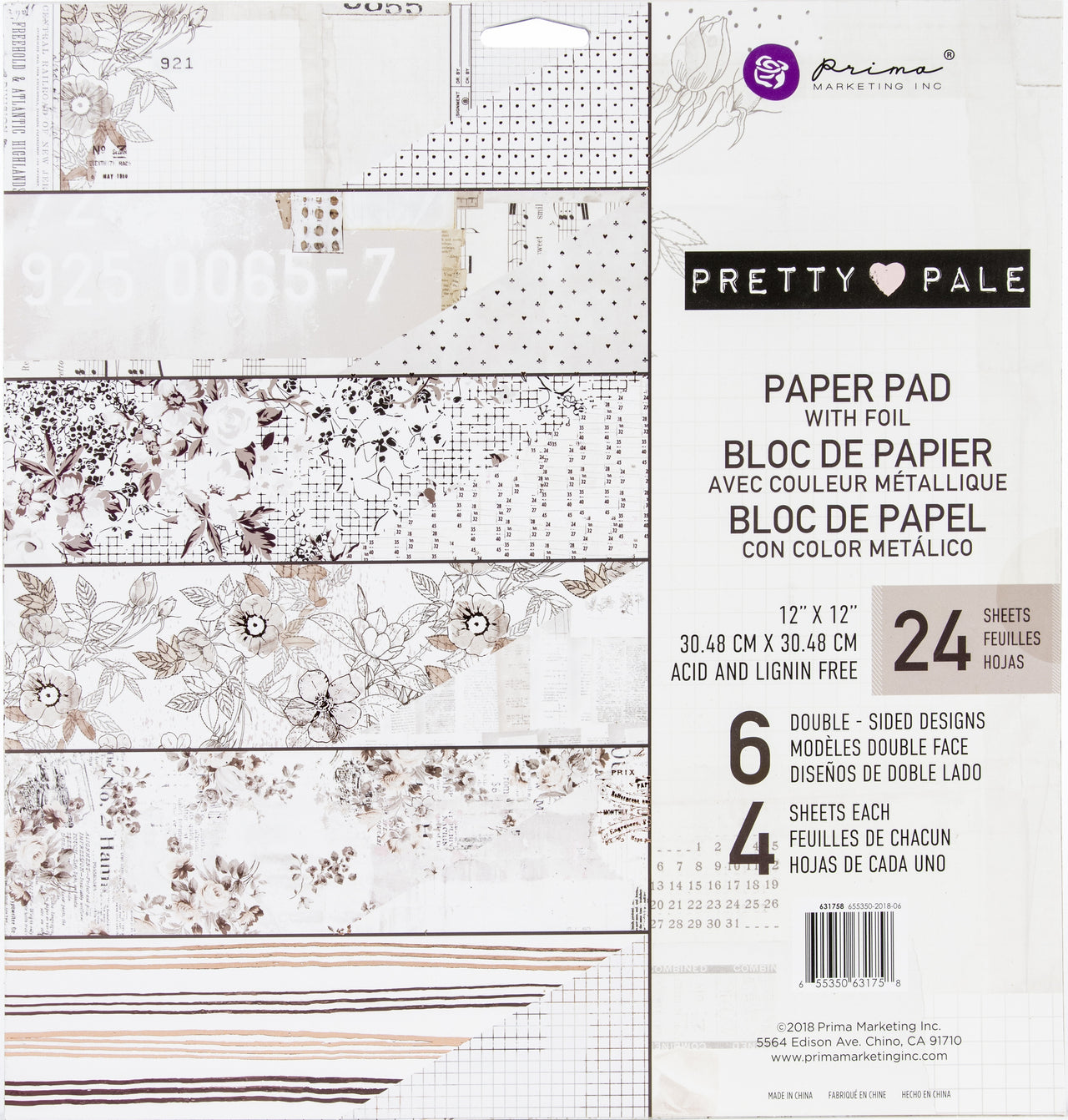 Prima Marketing Double-Sided Paper Pad 12"X12" 24/Pkg - Pretty Pale, 6 Foiled Designs/4 Each