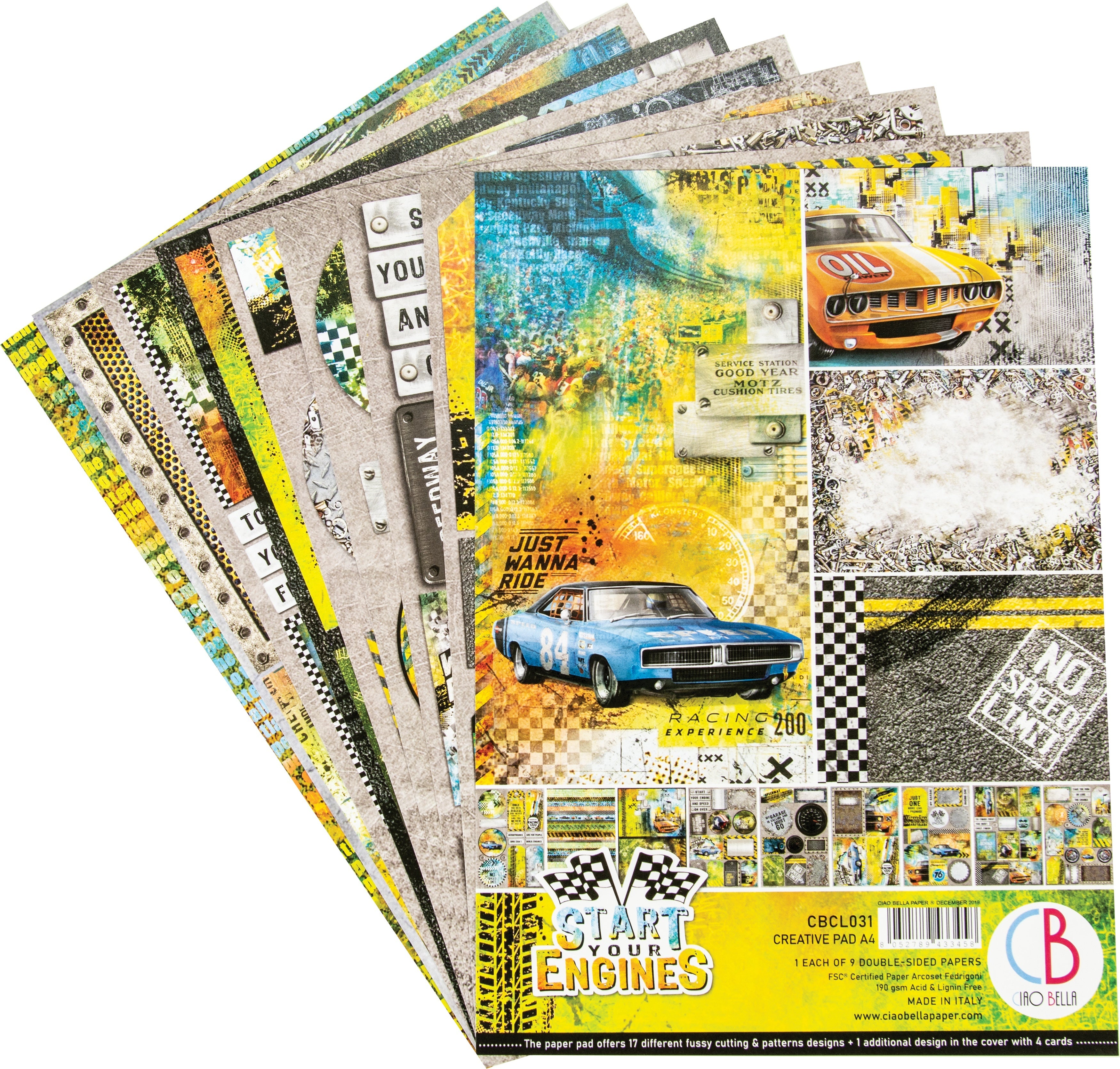 Ciao Bella Double-Sided Creative Pack 90lb A4 9/Pkg - Start Your Engines, 9 Designs/1 Each