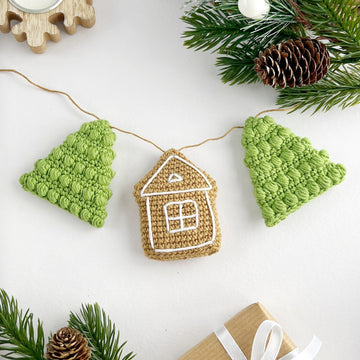 Christmas crochet garland no sew pattern Gingerbread house and  mini Christmas tree decorations Amigurumi pattern ornament