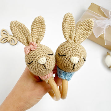 Crochet bunny pattern baby rattle toy Amigurumi rabbit teether