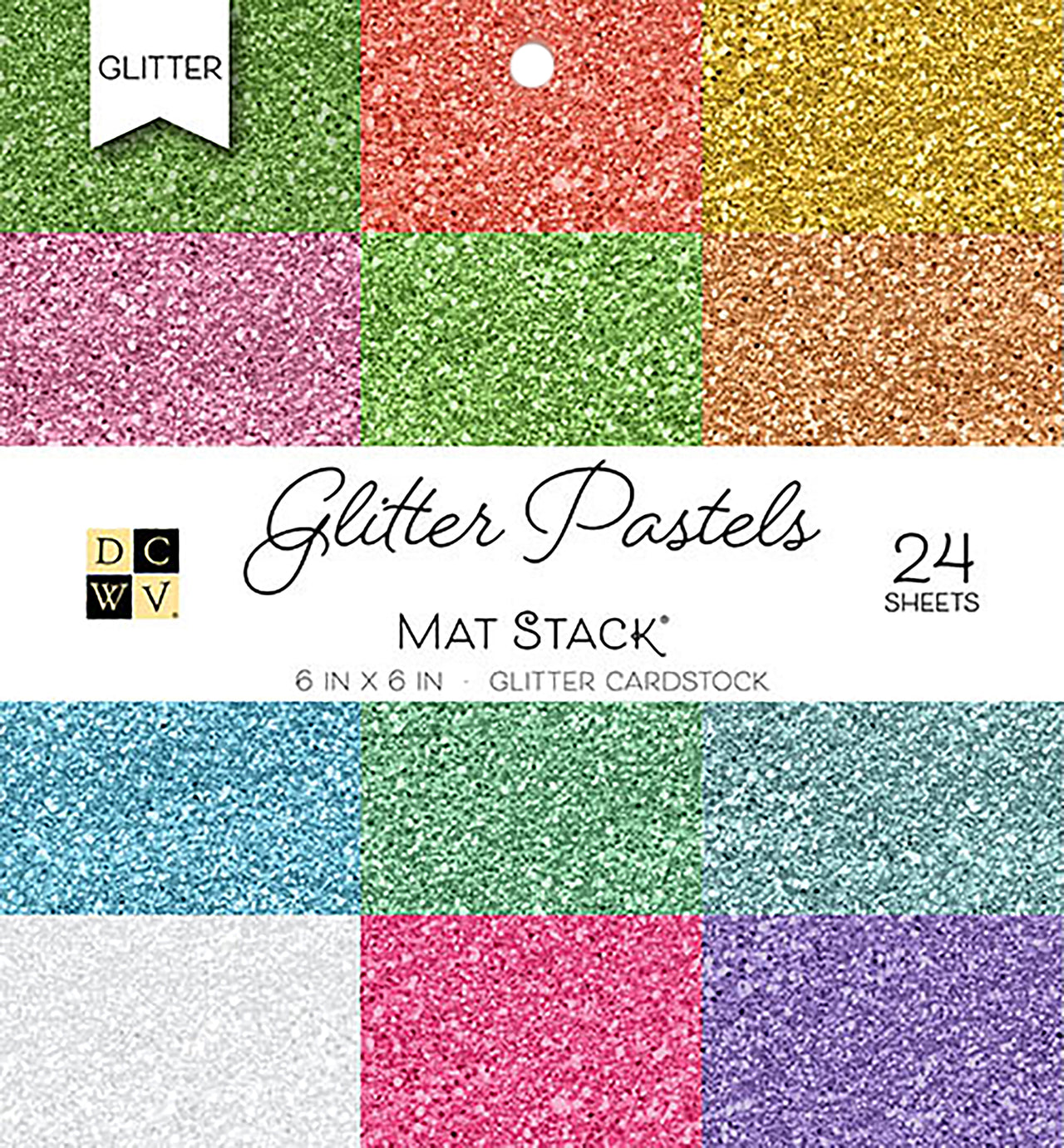 American Crafts DCWV Single-Sided Cardstock Stack 6"X6" 24/Pkg - Glitter Pastels Solid, 12 Colors/2 Each