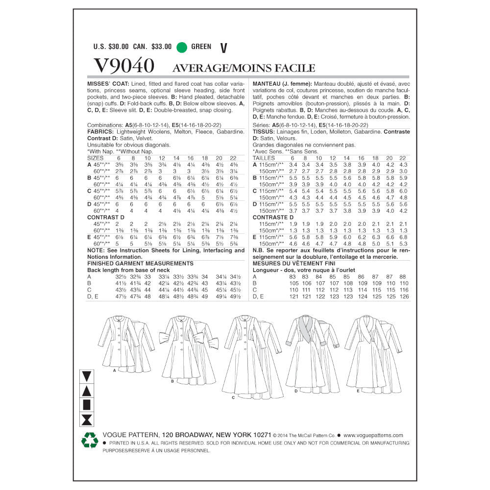 Vogue Misses' Coat V9040 - Sewing Pattern