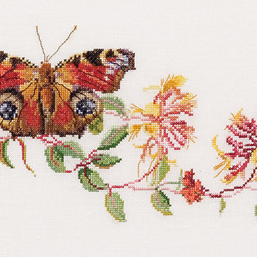 Thea Gouverneur Bv Peacock Butterfly and Honeysuckle Cross Stitch Kit - 29cm x 18cm