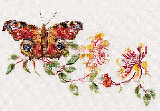 Thea Gouverneur Bv Peacock Butterfly and Honeysuckle Cross Stitch Kit - 29cm x 18cm