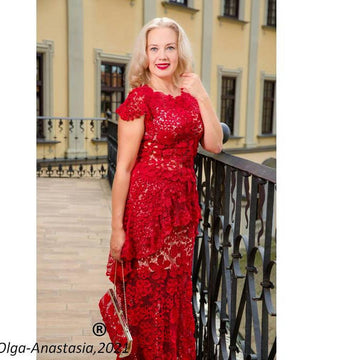 Red lace suit - top, skirt, peplum