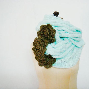 Mint Cabled Cowl with Flowers