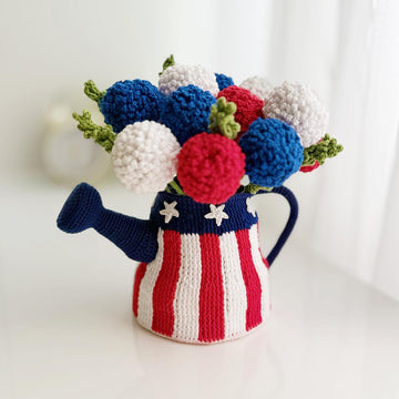 Watering Can crochet pattern, amigurumi watering can with flowers, 4th of July patriotic decor
