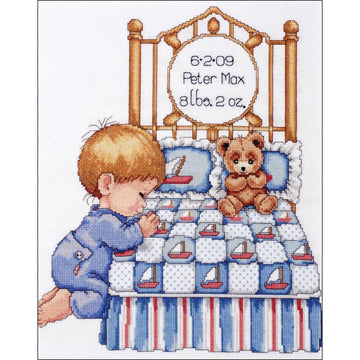 Tobin Birth Record 11in x 14in Bedtime Prayer - Blue Cross Stitch Kit