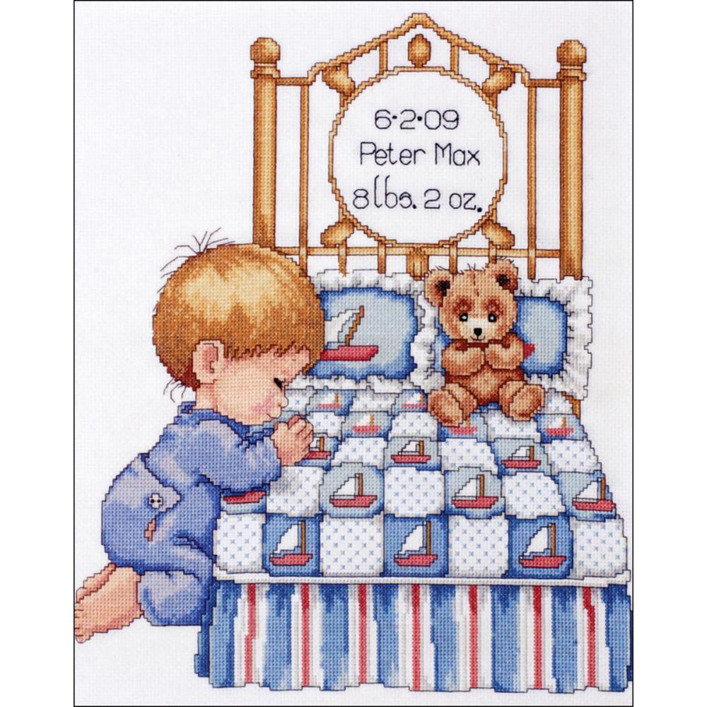 Tobin Birth Record 11in x 14in Bedtime Prayer - Blue Cross Stitch Kit