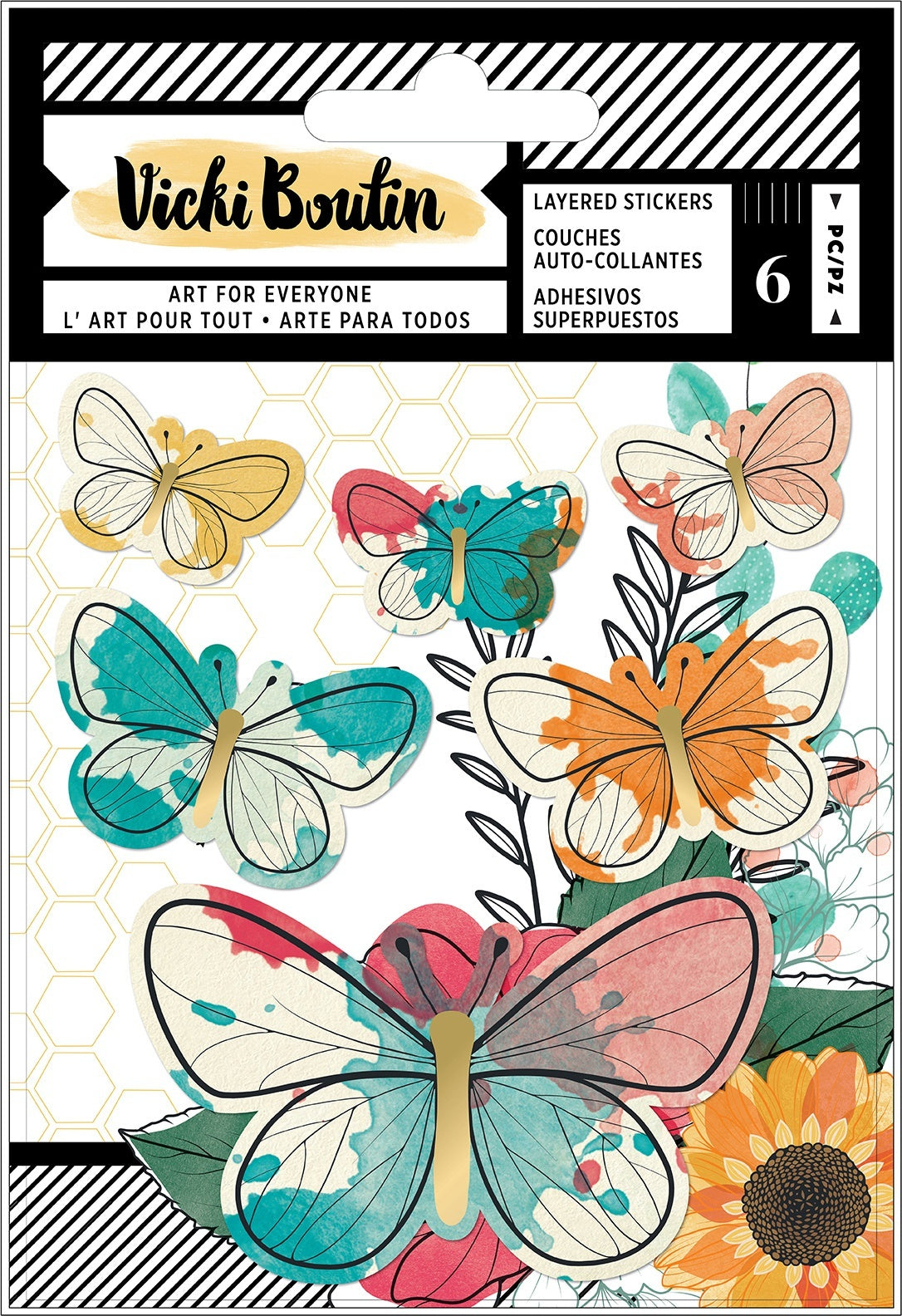 American Crafts Vicki Boutin Wildflower & Honey Layered Stickers 6/Pkg - Vellum Butterflies W/Gold Foil Accents