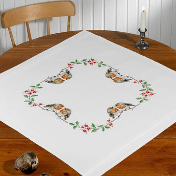 Permin Christmas Robins Table Cloth Cross Stitch Kit - 80cm x 80cm