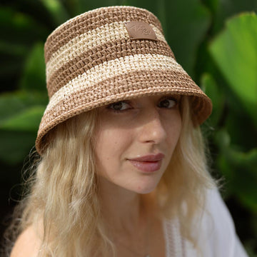 Striped bucket raffia hat