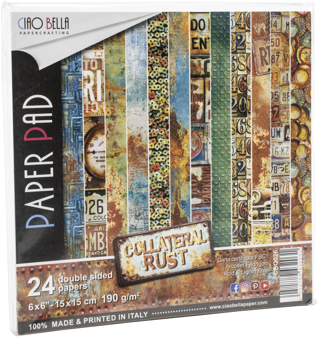 Ciao Bella Double-Sided Paper Pack 90lb 6"X6" 24/Pkg - Collateral Rust, 12 Designs/2 Each