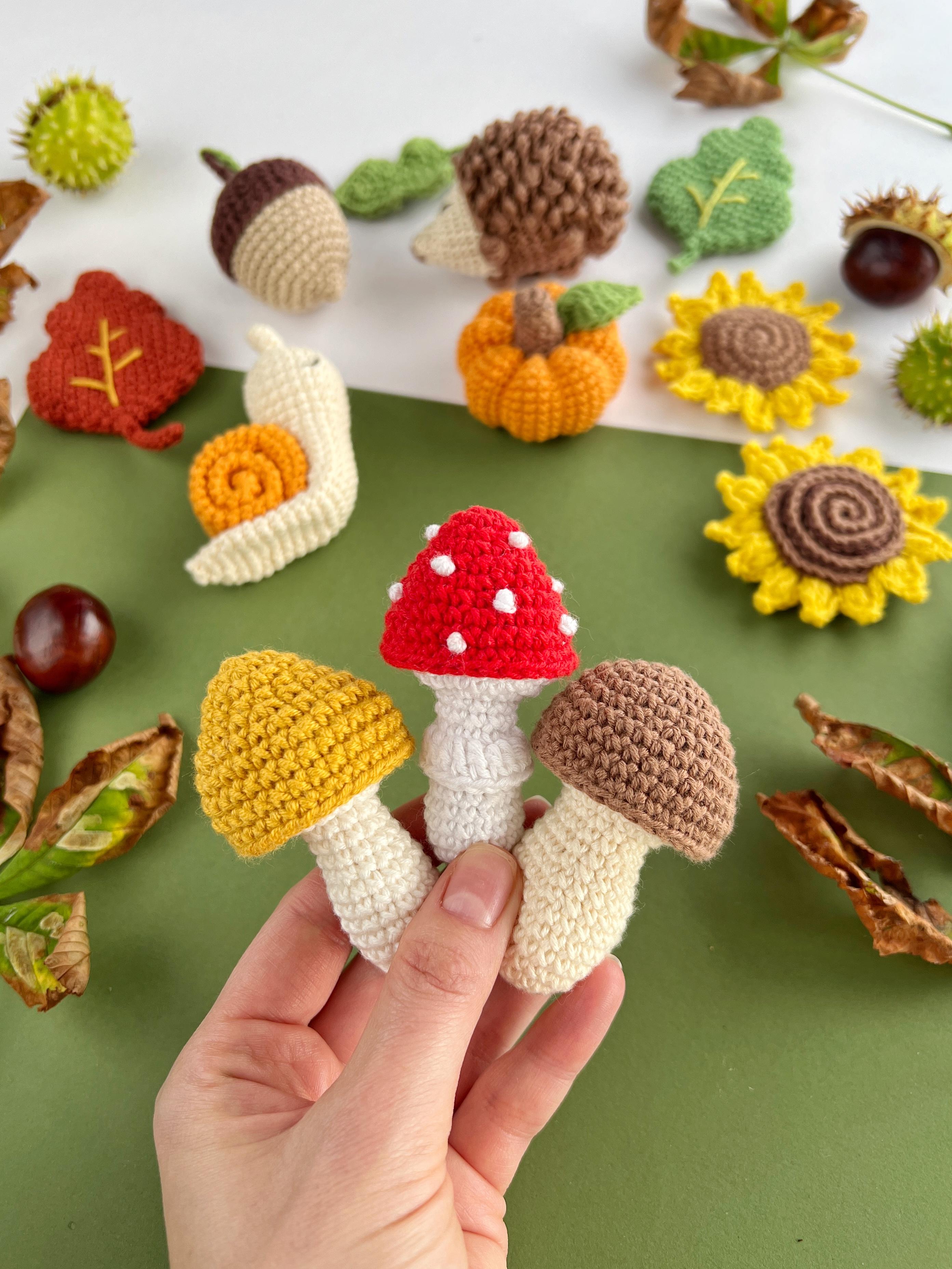 Fall crochet pattern bundle Hedgehog Acorn Leaf Pumpkin Mushroom Sunflower & Snail Amigurumi keyring