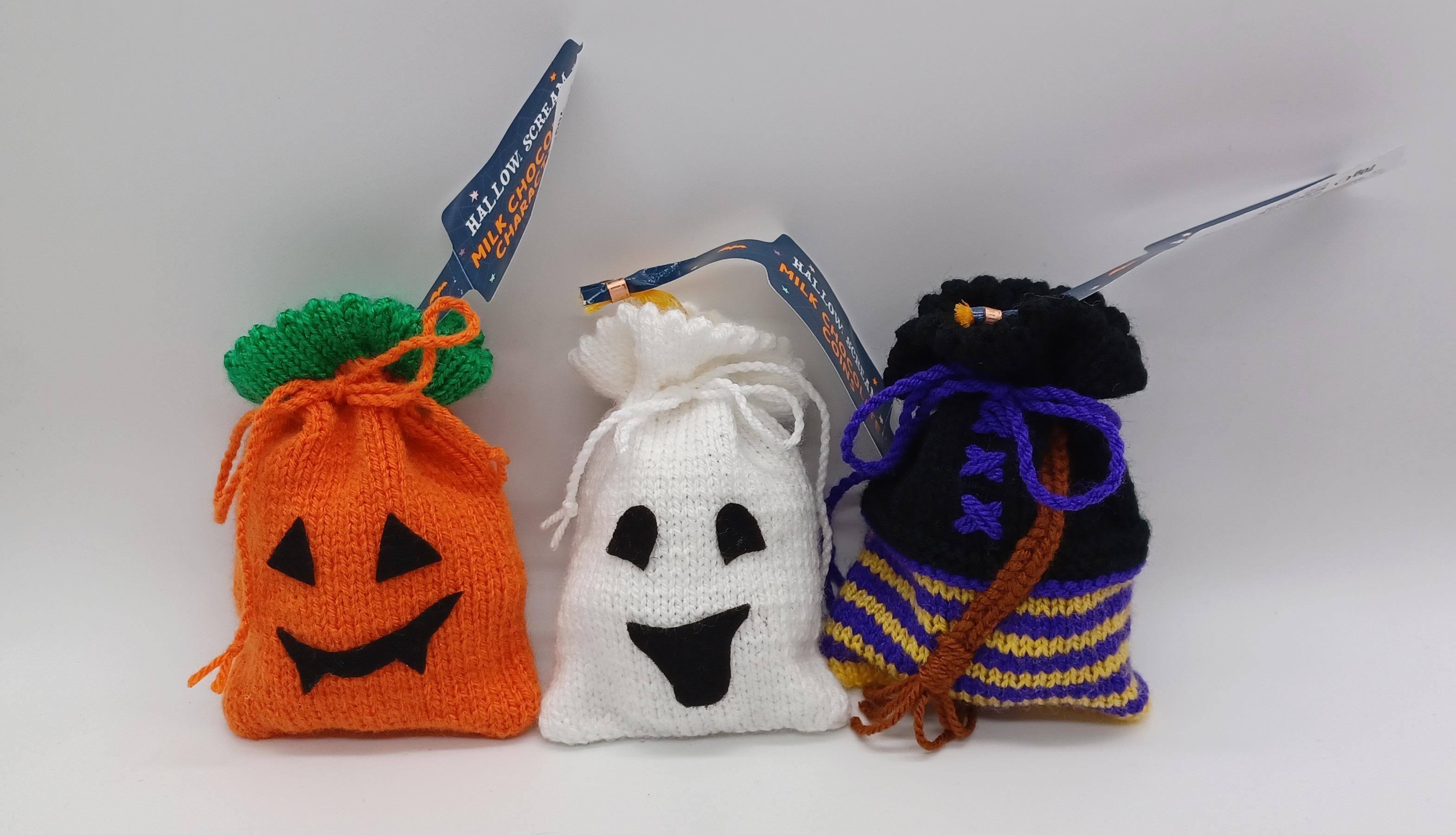 Trick-or-Treat Spooky Halloween knitting pattern Coin Bag Pumpkin/Ghost/Witch
