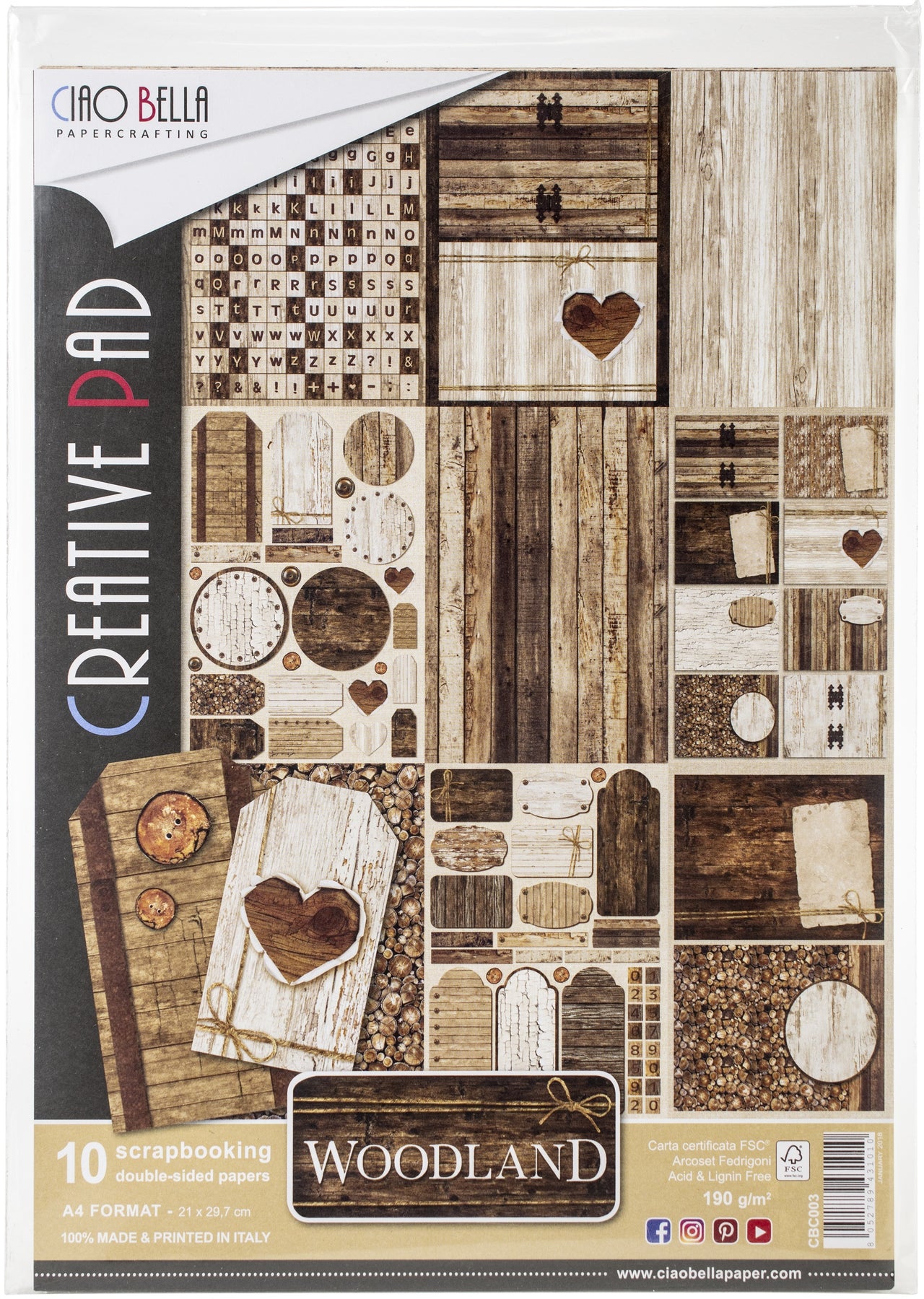 Ciao Bella Double-Sided Paper Pack 90lb A4 10/Pkg - Woodland, 10 Designs/1 Each