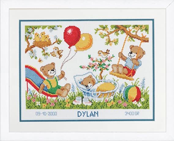 Vervaco Bears and Birds Birth Record Cross Stitch Kit - Multi