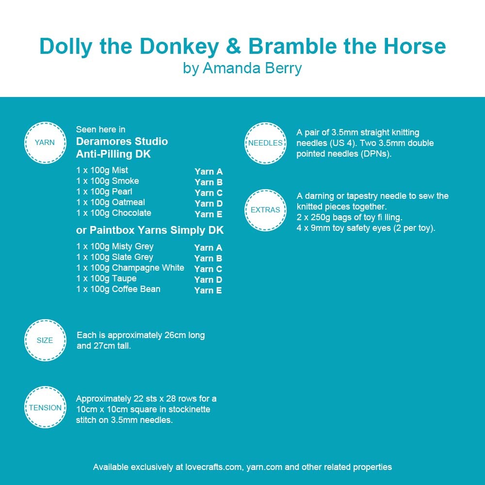 Dolly the Donkey and Bramble the Horse in Deramores Studio DK Acrylic - Downloadable PDF