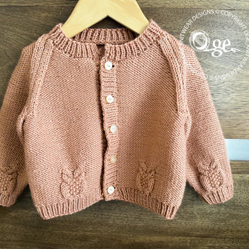 Round neck raglan sleeve cardi with cabled owls - P079