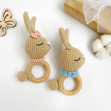 Crochet bunny pattern baby rattle toy Amigurumi rabbit teether