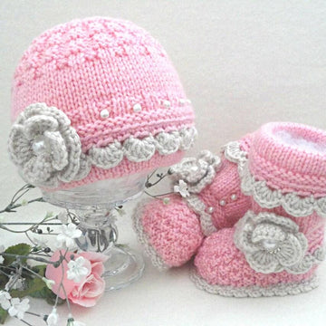 Knitting PATTERN Baby Girl Baby Hat and Booties with Flowers
