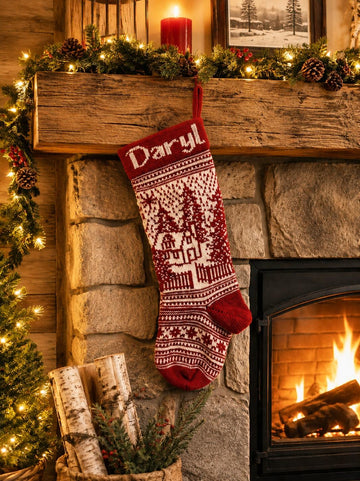 Personalised Fairisle Nordic Winter Forest Scene Christmas Stocking