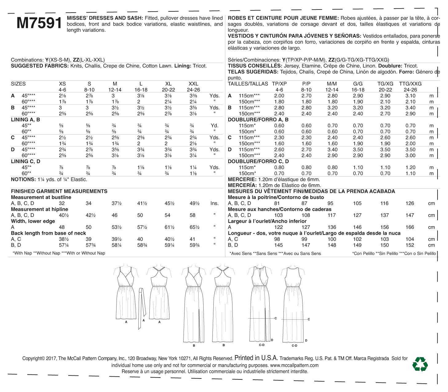 McCall's Misses' Sleeveless Pullover Surplice-Style Dresses, Sash, and Length Variations M7591 - Sewing Pattern