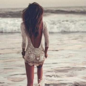 Crochet mini open back dress.