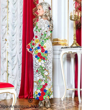 Wedding lace dress with poppies and cornflowers