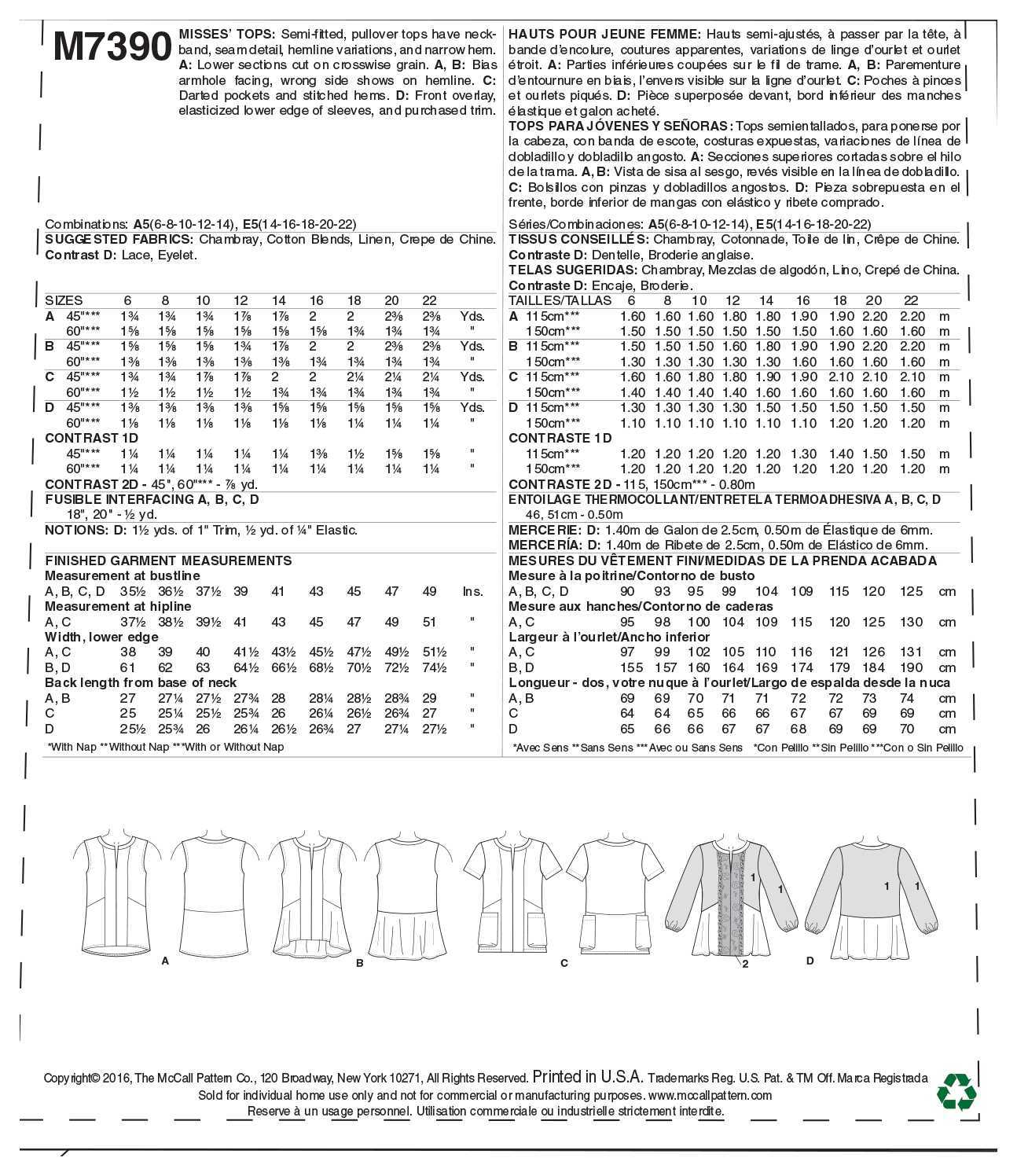 McCall's Misses' Split-Neck, Seam-Detail Tops M7390 - Sewing Pattern