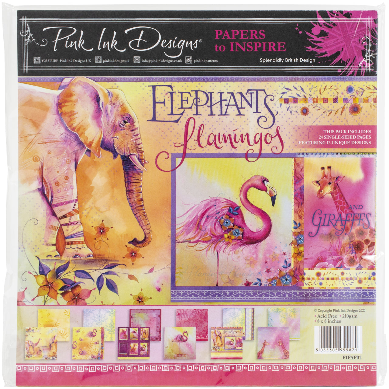 Creative Expressions Pink Ink Designs Paper Pad 8"X8" 24/Pkg - Elephants & Flamingos, 12 Designs/2 Each