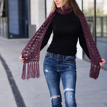 Aubergine crochet scarf with fringe