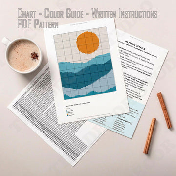 Sun & Waves Landscape Blanket C2C Crochet Pattern 75x60" Chart Crib