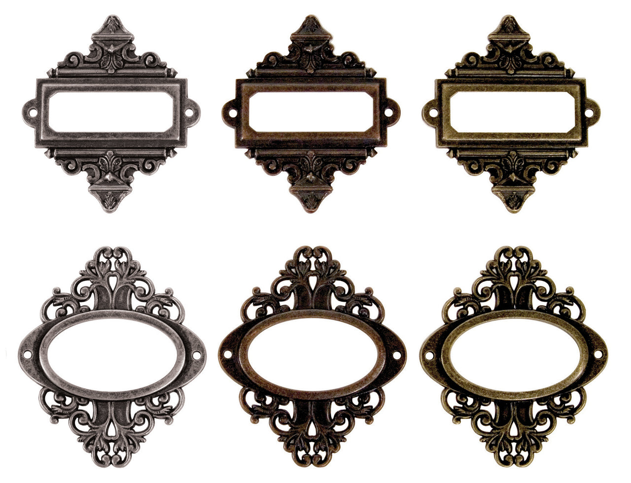 Advantus Idea-Ology Metal Ornate Plates W/Brads 2.25"X2.5" 6/Pkg - Antique Nickel, Brass & Copper