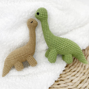 Crochet dinosaur Brontosaurus toy and baby teething rattle amigurumi pattern