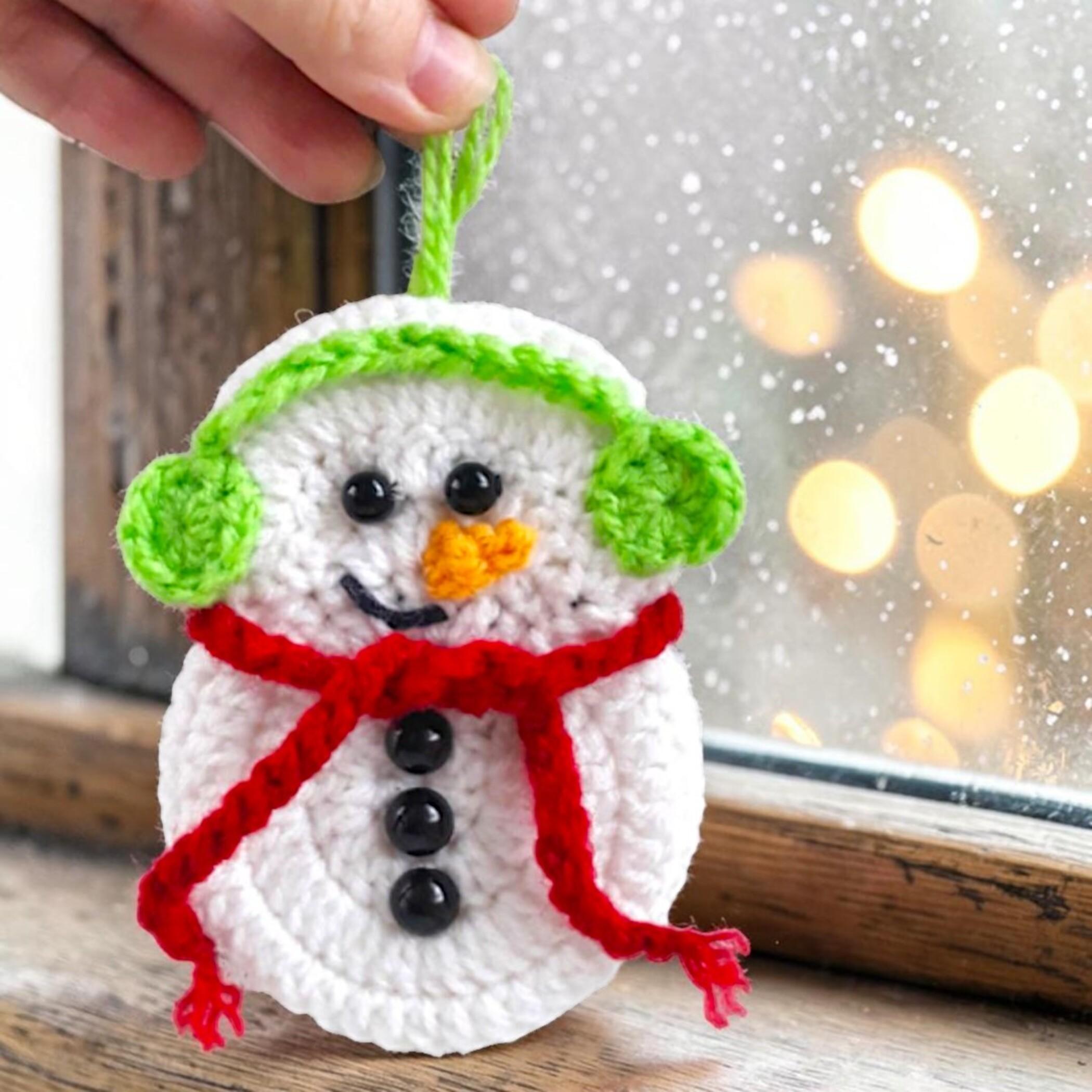 Christmas Crochet Snowman Pattern in Red Scarf and Headphones, Winter Amigurumi Ornament PDF, DIY Easy Toy Tutorial