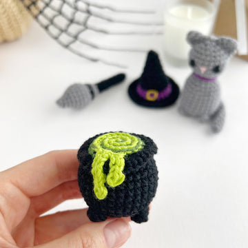 Halloween witch bundle crochet patterns, Black cat, Witch hat, Cauldron, Broom Amigurumi pattern