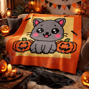 C2C CROCHET PATTERN Halloween Pumpkin Kitten Blanket Gray Cat Afghan Spooky Lapghan