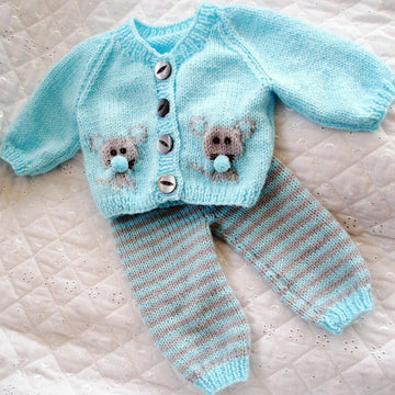 Baby Doll Knitting pattern, Mouse motif, Cardigan, Leggings, Hat & Boots, 0-3 Month Baby, 17-22 inch Doll