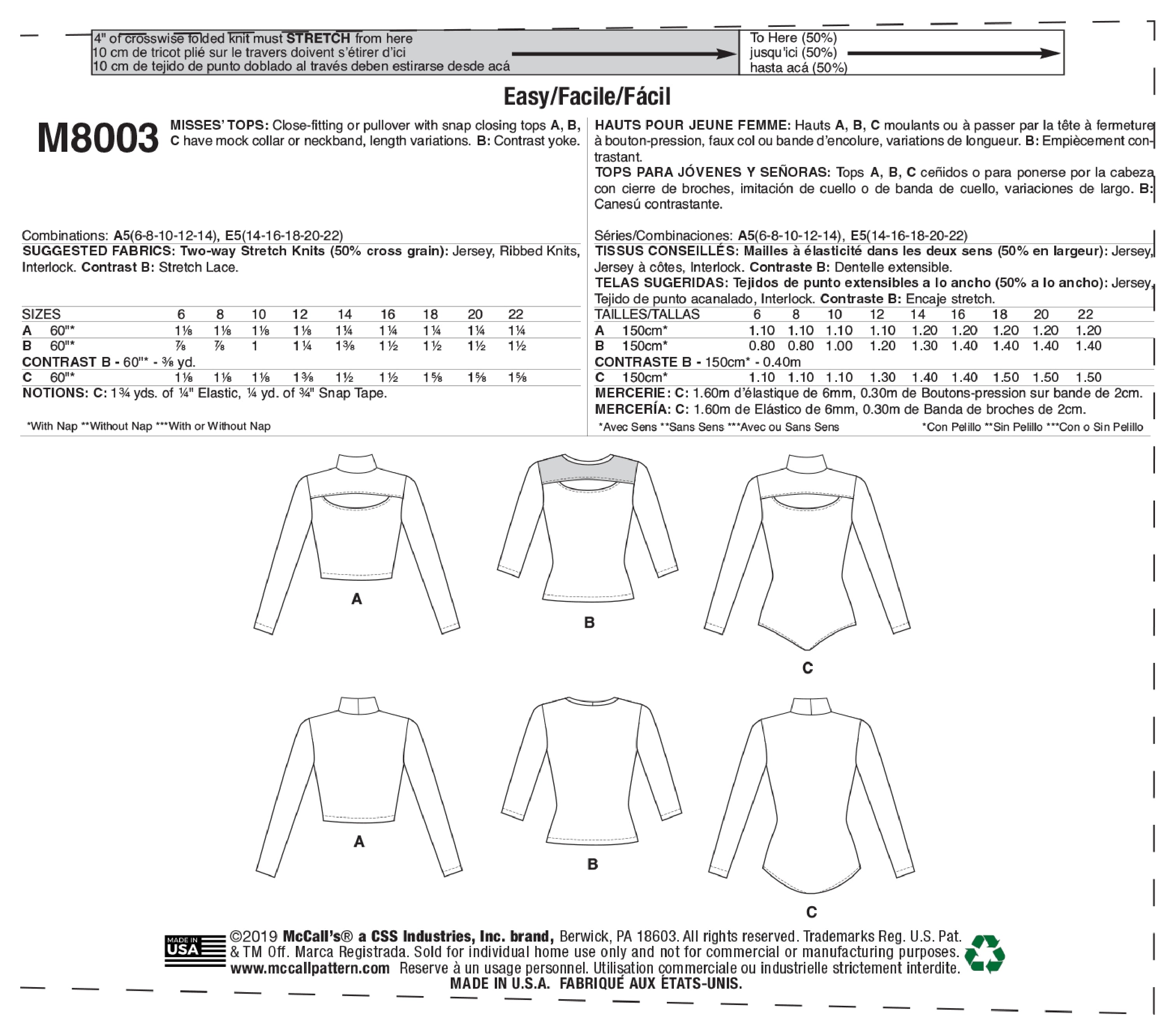 McCall's Misses' Tops M8003 - Sewing Pattern