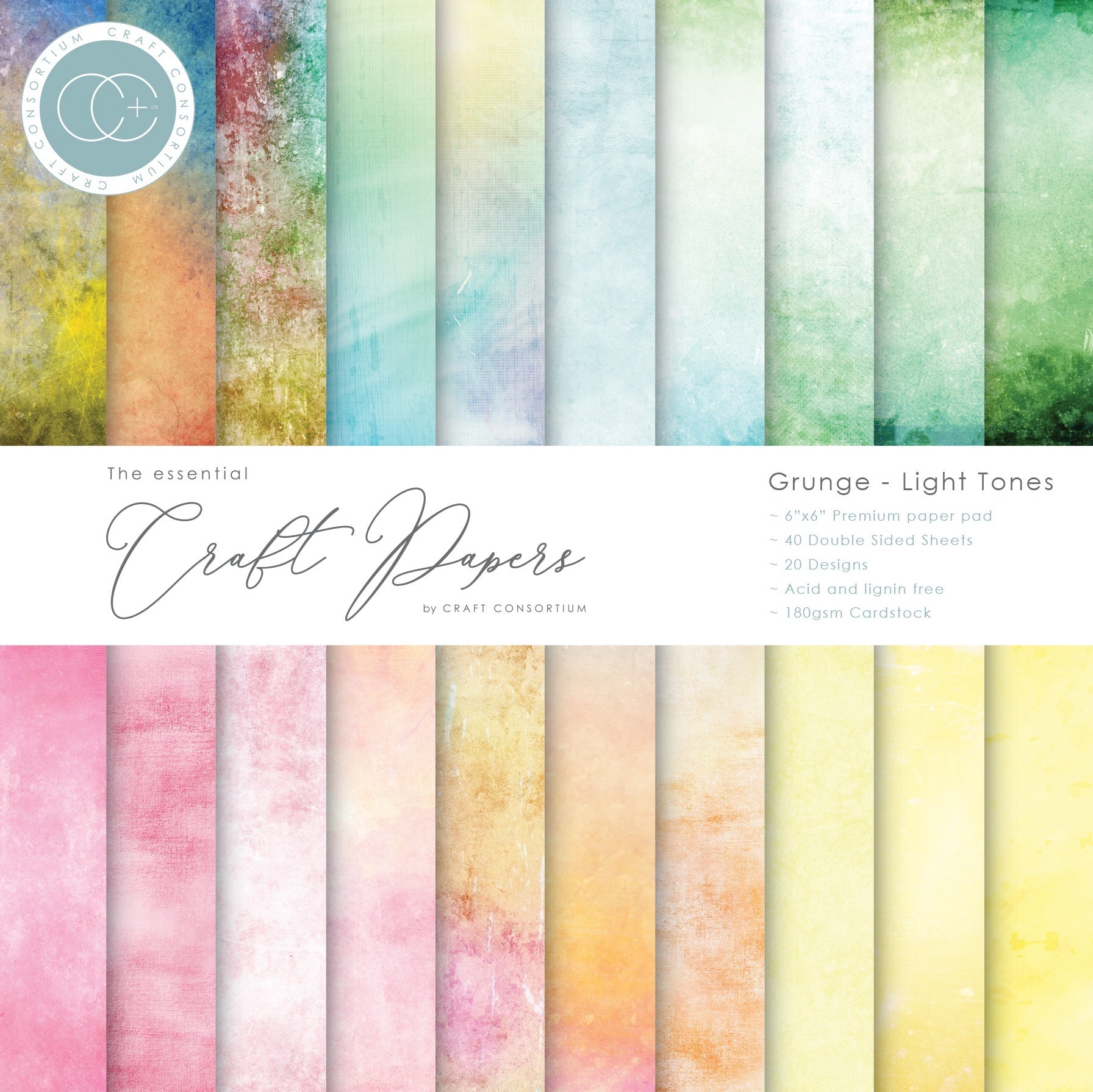 Craft Consortium Double-Sided Paper Pad 6"X6" 40/Pkg - Grunge-Light Tones, 20 Designs