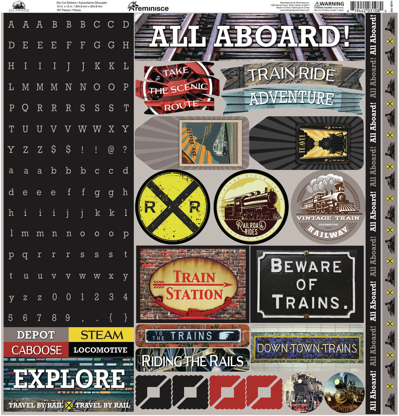 Reminisce Alpha Combo Cardstock Stickers 12"X12" - All Aboard