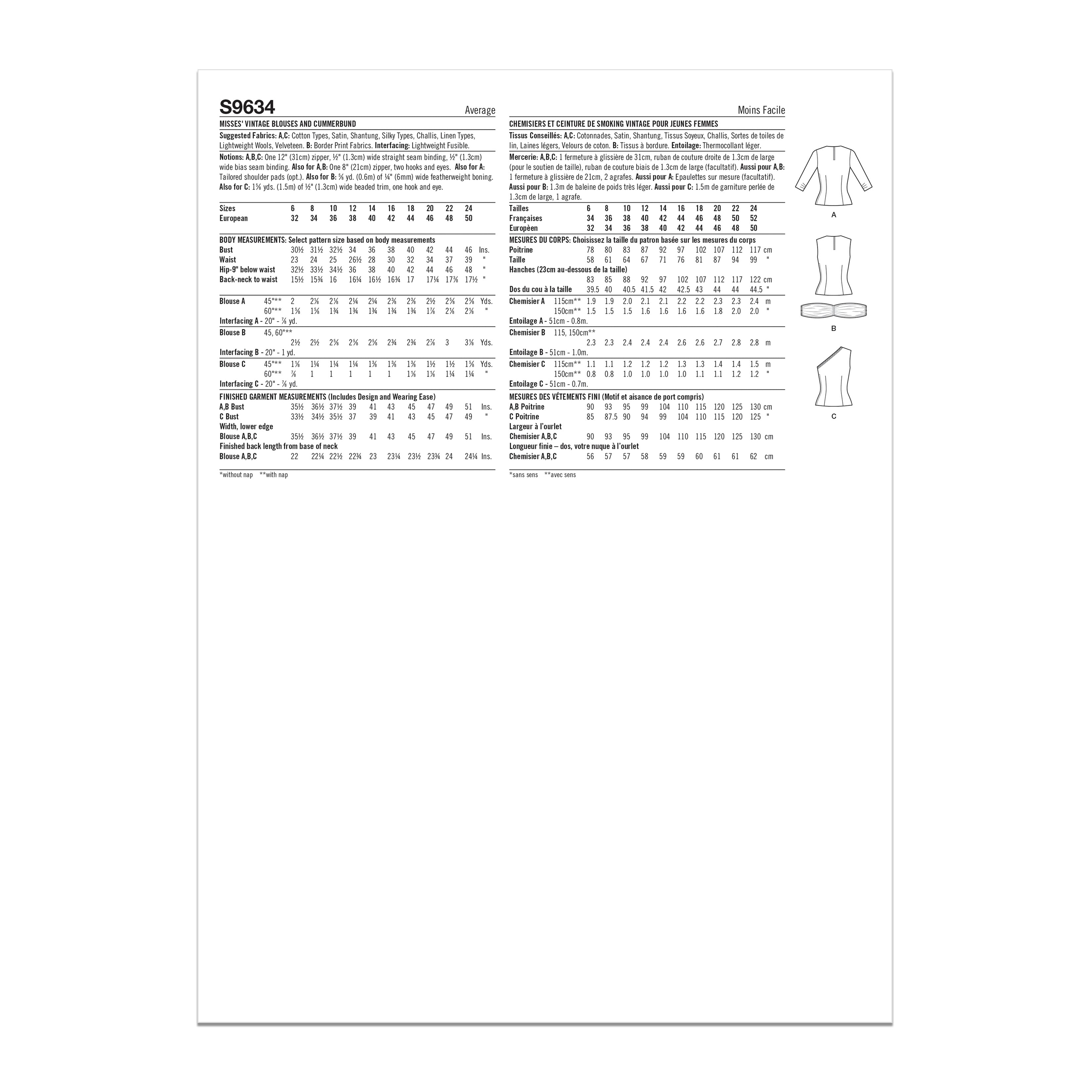 Simplicity Misses' Vintage Blouses and Cummerbund S9634 - Sewing Pattern