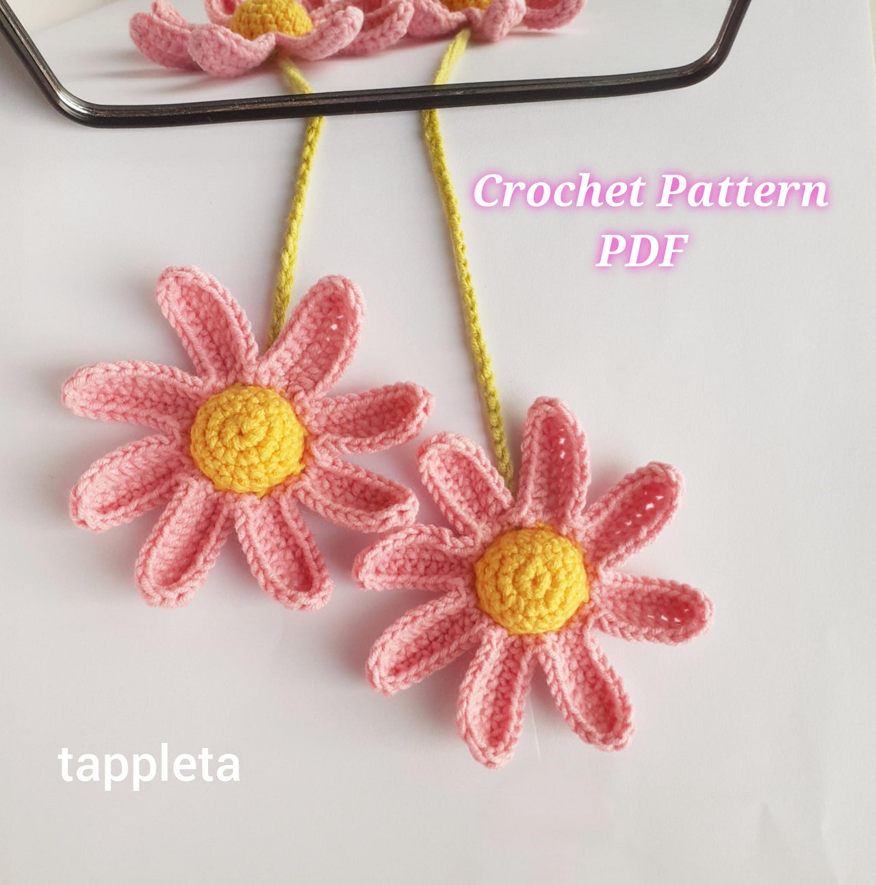 Pink flowers crochet car hanger pattern, Crochet daisy rearview mirror charm, Flowers car decor pattern, Hanging car crochet accessories