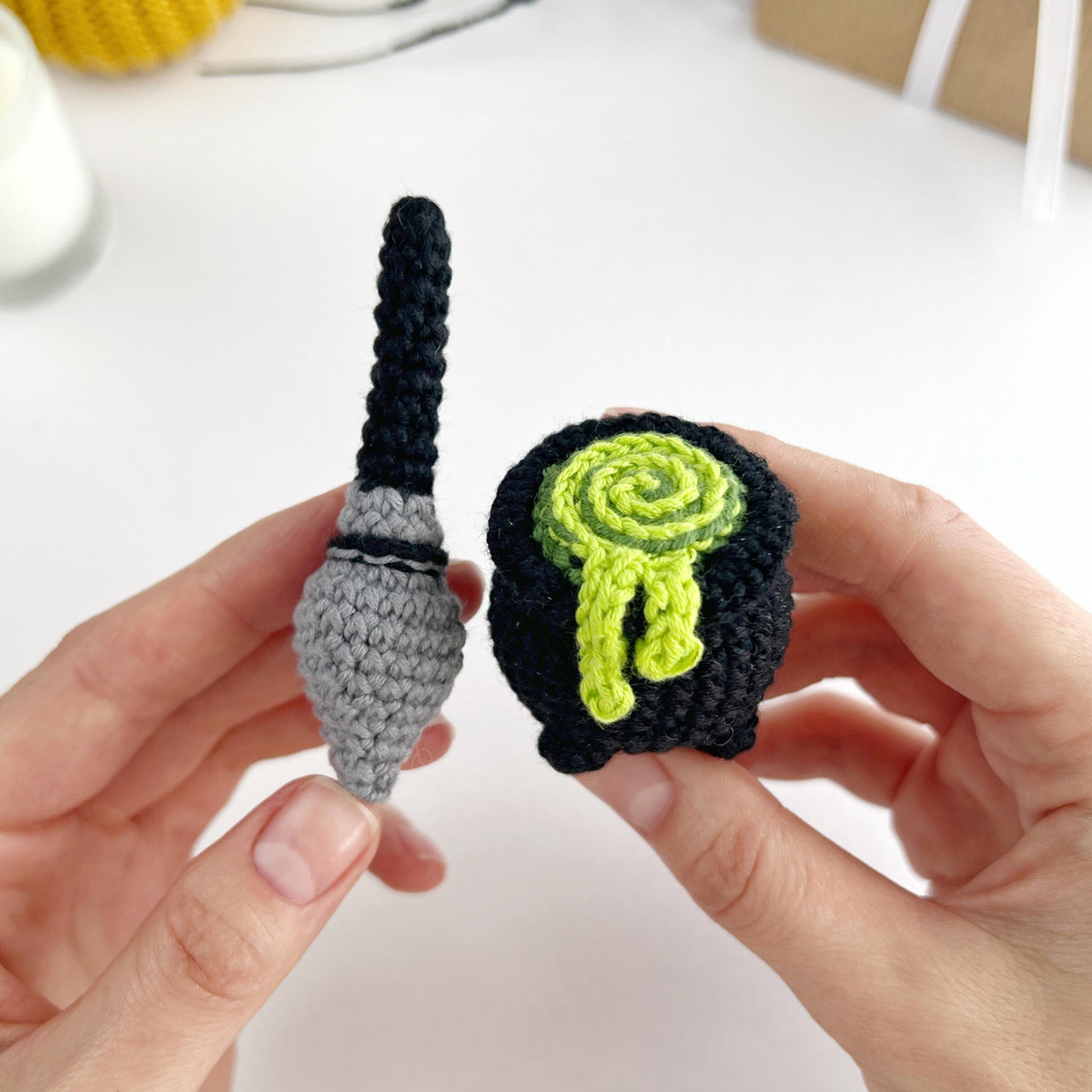 Halloween Cauldron with Broom crochet pattern, Amigurumi keyring Spooky crochet charm